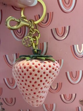 Tory Burch Pink Strawberry Charm Keyring with Gold Hardware